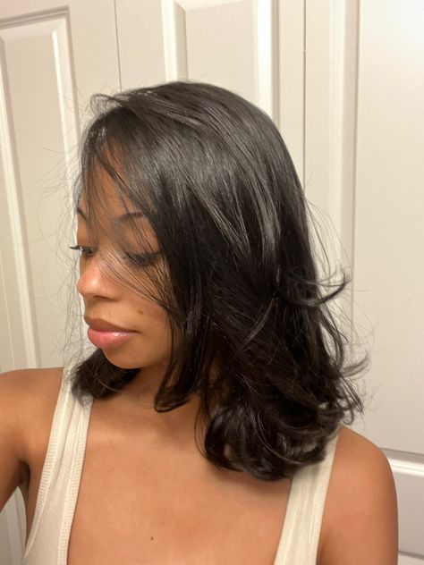 Silk Press Vs Flat Iron, Braid And Bun Hairstyles Black, Medium Silk Press Natural Hair, Black Teen Girl Hairstyles Natural Straight, Silk Press Hair Hairstyles Medium, Layered Silk Press, Hairstyles For Short Straight Hair Black, Bob Blowout, Haircut Design