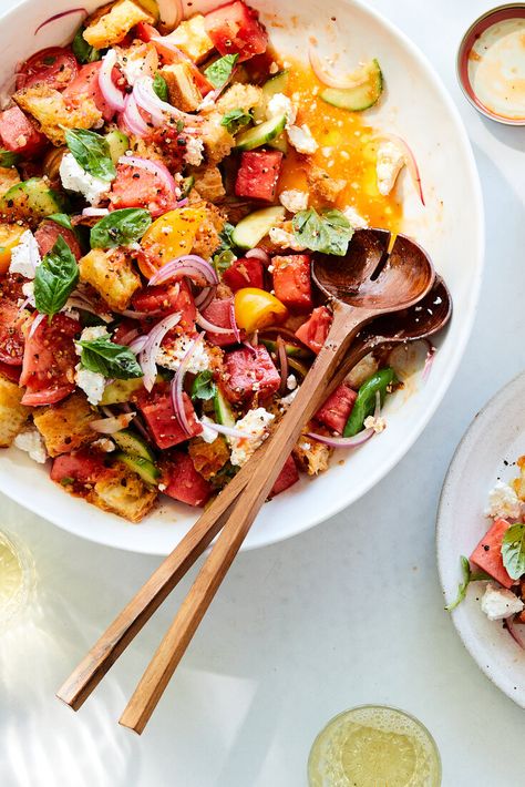 Country Panzanella With Watermelon Dressing Recipe - NYT Cooking Watermelon Dressing, Watermelon Dress, Fresh Watermelon, Nyt Cooking, Pork Ribs, Dressing Recipe, Summer Recipes, Vegetable Pizza, Salad Recipes