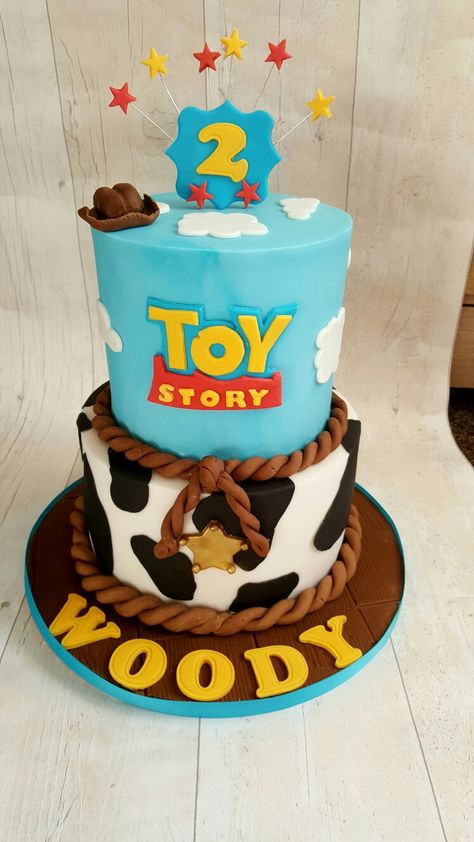 Toy story 2 tier cake Toy Story Cake 2 Tier, Woody Birthday Cake, Toy Story Food, Toy Story Birthday Cake, Woody Birthday, Buttercream Birthday Cake, Toy Story Party Decorations, 2 Tier Cake, Baby Birthday Themes