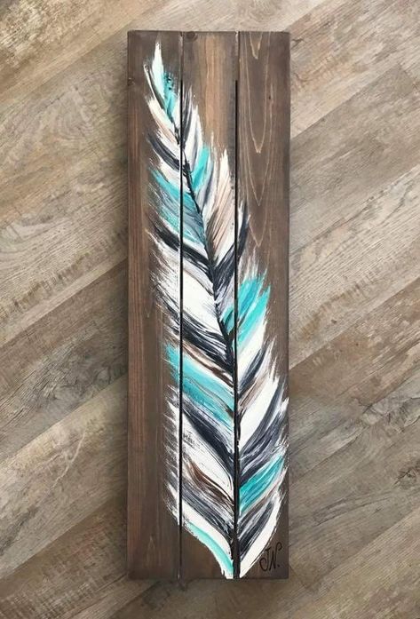 Painting On Barnwood, Painting On Wooden Planks, Tre Kunst, Paintings On Wood, Wood Pallet Art, Diy Wood Signs, Soyut Sanat Tabloları, Pallet Crafts, Feather Crafts