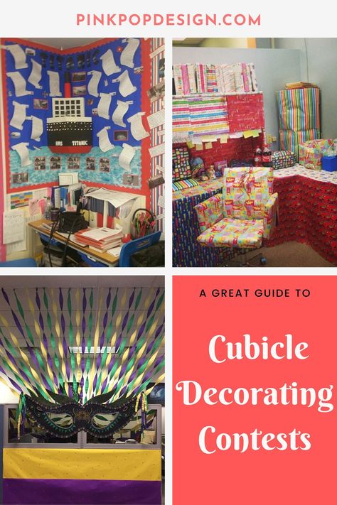 Fun Office Cubicle Decoration Themes For Competitions - Pink Pop Design Work Cubicle Organization, Cubicle Birthday Decorations, Office Cubicle Decorating Ideas, Tulip Wreath Diy, Cozy Cubicle, Classy Cubicle, Green Couch Living Room, Cubicle Wall, Cool Gingerbread Houses