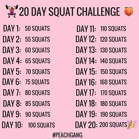 20 Day Squat Challenge!!! You can do this with or without weights, and it is definitely a way to kick off your fitness journey!  #peachgang 7 Day Squat Challenge, Squat Challenge 20 Day, 2 Week Squat Challenge, 100 Day Squat Challenge, 20 Squats A Day, 300 Squats A Day Results, 20 Day Squat Challenge, 30 Day But Challenge Squats, 100 Squats A Day Results