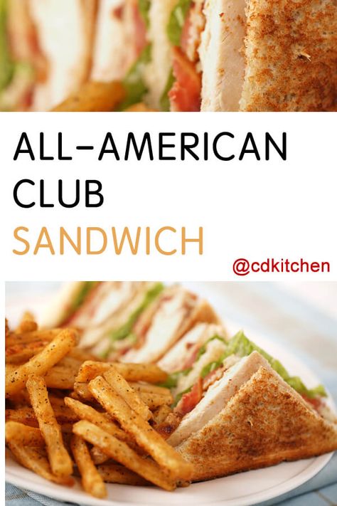 All-American Club Sandwich - Made with mayonnaise, Dijon mustard, whole wheat bread, lettuce, American cheese, deli ham, tomato, deli turkey breast, bacon | CDKitchen.com Recept Sandwiches, Club Sandwich Recipe, Turkey Club Sandwich, Club Sandwich Recipes, Best Sandwich Recipes, Summer Sandwiches, American Club, Cold Sandwiches, Sandwich Bar