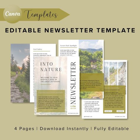 Everything in my Etsy shop is 40% off! Use code JUSTBECAUSE if it does not apply the discount automatically! Sale includes this 4 page newsletter Canva template! Completely customizable to match your brand in a matter of minutes instead of hours! #canva #canvatemplates #newsletter #naturenewsletter #newslettertemplate Editable Newsletter Templates, Newsletter Template, Canva Template, Etsy Account, The Great Outdoors, Stationery Design, Brand Identity, Stationery Paper, Etsy App