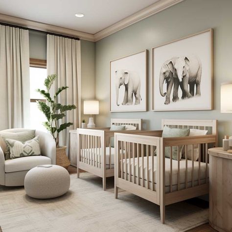 Balancing Individuality in Twin Nursery Room Designs • 333+ Images • [ArtFacade] Twin Neutral Nursery Ideas, Twin Safari Nursery, Nursery Room Inspiration Twins, Neutral Gender Nursery Room Ideas, Nursery Room For Twins, Small Nursery Twins, Twin Neutral Nursery, Double Crib Nursery, Sage Green Twin Nursery