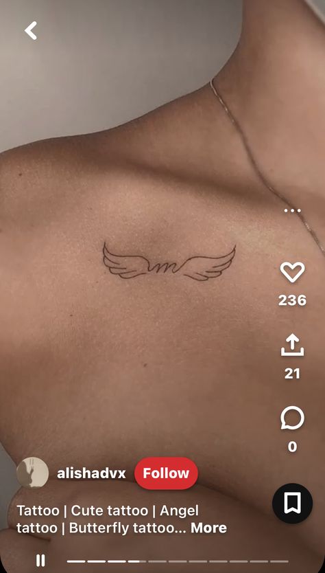 Cute Tattoos For A Lost Loved One, Wings With Letter Tattoo, M With Angel Wings Tattoo, Finger Tattoos Angel Wings, Small Dainty Angel Wing Tattoo, Tatoos Lost Loved One, Angel Wing With Name Tattoo, Tattoo Ideas For A Lost Loved One Angel Wings, Angel Initial Tattoo