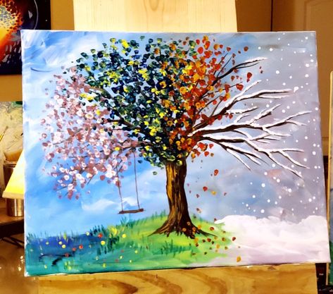 4 Seasons Mural, 4 Season Tree Painting, Four Seasons Painting Canvases, Changing Seasons Art, Season Tree Art, Summer Tree Painting, Seasons Drawing, Four Seasons Painting, Seasons Painting