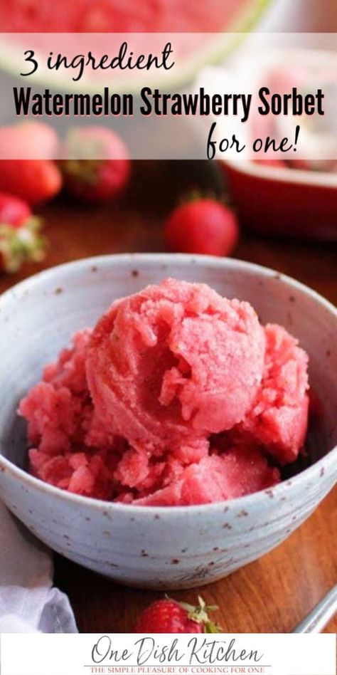 Dairy Free Watermelon Strawberry Sorbet made with just 3 ingredients; watermelon, strawberries, and honey. No ice cream maker needed! Watermelon Sorbet Recipes, Strawberry Sorbet Recipe, Bakery Style Blueberry Muffins, One Dish Kitchen, Watermelon Sorbet, Icebox Cake Recipes, Watermelon Strawberry, Strawberry Sorbet, Single Serving Recipes