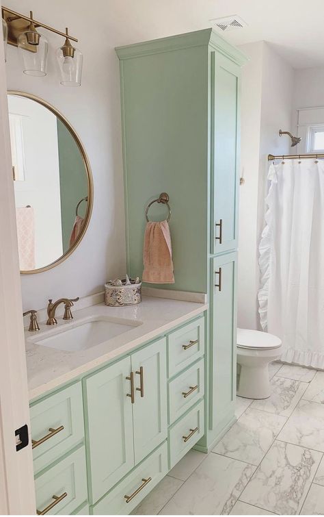 Lilac Bathroom Ideas, Purple Bathroom Paint, Snowbound Paint Color, Seafoam Bathroom, Snowbound Paint, Natural Bathroom Design, Lilac Bathroom, Mint Green Bathrooms, Update Small Bathroom