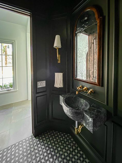 Black Wainscoting Bathroom, Wainscoting Powder Room, Black Marble Vanity, Floating Marble Sink, French Powder Room, Dark Powder Room, Powder Room Reno, Dramatic Powder Room, Green Powder Room