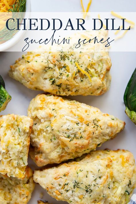 Sharp cheddar, fragrant dill, and lots of fresh zucchini are the perfect trio in these savory cheddar dill zucchini scones. Zucchini Cheddar Scones, Scones Recipe Savory, Zucchini Scones Recipe, Dill Muffins, Zucchini Scones, Dill Zucchini, Zucchini Cheddar, Fresh Zucchini, Homemade Scones