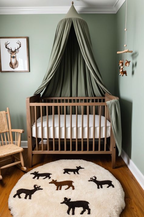 forest themed nursery with sage bed canopy and wooden crib. deer wall art and deer pattern rug and mobile Hunter Green Nursery Boys, Forest Green Nursery Boy, Boys Nursery Green, Green Nursery Theme, Forest Nursery Boy, Hunter Green Nursery, Outdoor Nursery Theme, Sage Green Nursery Boy, Nursery Themes Boy