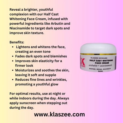 ✨ Unlock radiant, flawless skin with Klaszee's Half Cast Whitening Face Cream! ✨ Infused with powerful ingredients like Arbutin and Niacinamide, this cream helps you: 🌸 Brighten and even out your complexion 🌸 Fade dark spots and blemishes 🌸 Improve skin elasticity for a firmer look 🌸 Moisturize deeply, leaving your skin soft and smooth 🌸 Reduce fine lines and wrinkles for a youthful glow Achieve the smooth, glowing skin you deserve! For best results, apply at night or while indoors—and don... Whitening Face Cream, Smooth Glowing Skin, Whitening Cream For Face, Whitening Face, Fade Dark Spots, Improve Skin Texture, Improve Skin Elasticity, Flawless Skin, Skin Elasticity