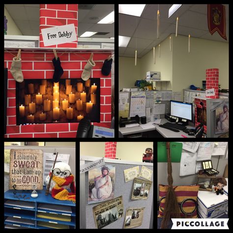 Harry Potter Office Cubicle Harry Potter Cubicle, Christmas Harry Potter Decoration, Harry Potter Office Decor, Harry Potter Office, Christmas Harry Potter, Harry Potter Decorations, Work Cubicle Decor, Christmas Cubicle, Cubicle Decorations