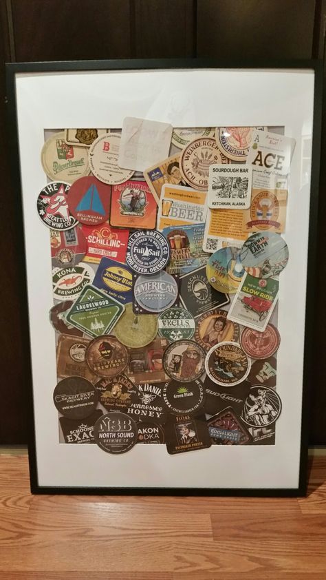 Beer coaster art … Coaster Art Ideas, Beer Coaster Art, Beer Coasters Diy, Beer Cap Table, Beer Bottle Diy, Beer Crafts, Bottle Cap Table, Beer Decorations, Coaster Projects