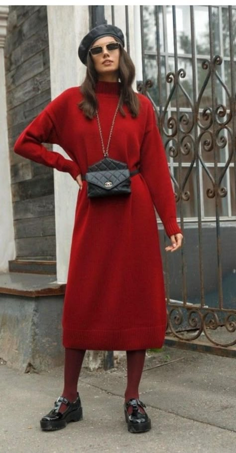 Red Knit Dress Outfit Winter, Red Midi Dress Outfit Classy, Knitted Dress Outfit, England Farmhouse, Red Knit Dress, New England Farmhouse, Midi Dress Outfit, Farmhouse Cottagecore, Winter Street Style