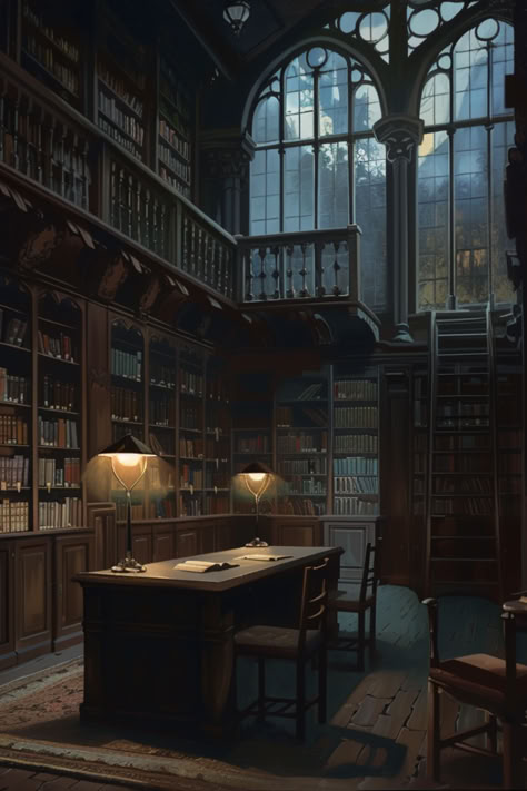 "Tranquil Vintage Library Wallpaper" Step into the enigmatic world of a library steeped in dark academia. This sanctuary of knowledge is draped in a vintage aesthetic, with rooms bathed in dark amber and blue. Each corner of this library is a whisper from the past, where old books with rich tales awaits. #VintageElegance #GothicLibrary #DarkAesthetics. Old Library Interior, Old College Aesthetic, Vintage Library Wallpaper, Blue Library Aesthetic, Dark Library Room, Old Library Aesthetic Dark, Fantasy Library Aesthetic, Library Aesthetic Dark, Scary Library