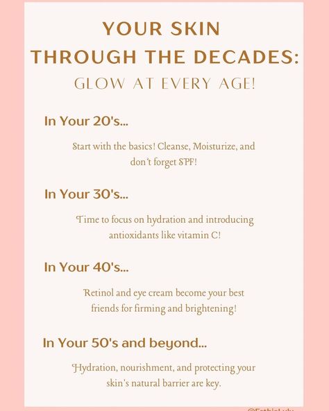 No matter what stage of life you’re in, taking care of your skin is always a good idea. 🌟 Whether you’re in your 20s, 30s, 40s, or beyond, there’s a perfect skincare routine just for you! Here’s a little guide to help you stay glowing every step of the way. 💆🏼‍♀️ Don’t forget- the most important step is keeping up with your facials! Consistent professional care keeps your skin healthy, radiant, and ready for anything 💖 - - - - - - - - - - - - - - - - - - - - - - - - #explore #explorepage #fo... Skincare Routine For 20s, Skincare In Your 20s, Skincare Routine 30s, Perfect Skincare Routine, Esthetician School, Face Routine, Skin Care Routine 30s, Your 20s, Esthetician