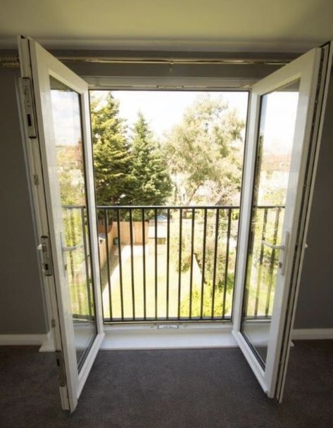 French Door Balcony, External French Doors, Juliette Balcony, French Balcony, Juliet Balcony, Balcony Window, Interior Design Elements, Lan Can, Bedroom Balcony