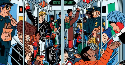 I Still Kind of Love the New York Subway New York Subway Illustration, New York Illustration Art, New York Times Illustration, Subway Illustration, New York Cartoon, Subway Drawing, People On The Subway, Urban Drawings, Crowded Train