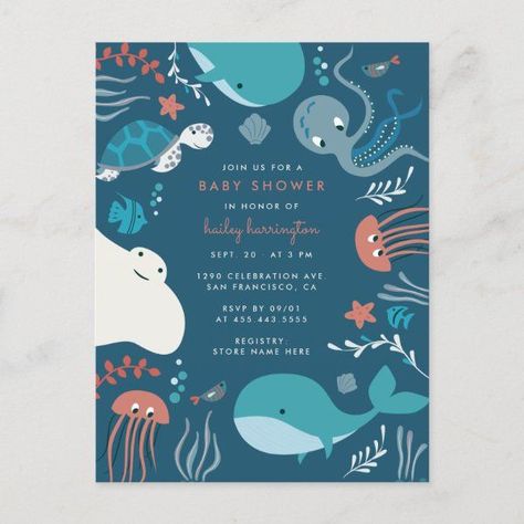 Cute Nautical Under The Sea Baby Shower Invitation Postcard #zazzle #weddinginvitations #birthdayinvitations #babyshowerinvitations #zazzleinvitations #monogram #businesscards #graduation #homedecor Sea Baby Shower Theme, Ocean Baby Showers, Boy Shower Invitations, Sea Baby Shower, Boho Baby Shower Invitations, Woodland Baby Shower Invitations, Baby Shower Invitaciones, Babies Newborn, Nautical Baby Shower