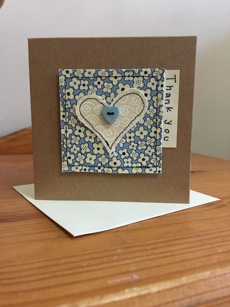 Handmade sewn heart card made using coordinating fabrics and a button Fabric Thank You Cards, Hand Sewn Cards, Applique Cards Fabric Scraps, How To Make Fabric Cards, Button Cards Ideas, Heart Cards Handmade, Fabric Cards Handmade, Applique Cards, Fabric Note Cards