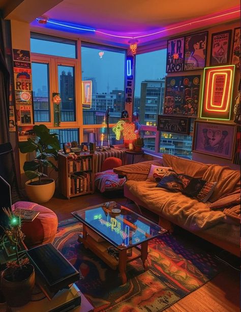 Synthwave Living Room, 80s Inspired Apartment, Dim Apartment Aesthetic, Home Lighting Inspiration, Electric House Aesthetic, Chill Apartment Aesthetic, Maximalist Retro Decor, Cluttered Living Room Aesthetic, 80s Basement Aesthetic