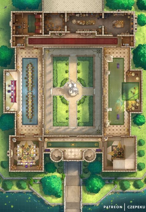 We're moving closer to the palace itself! Here's the Palace Inner Court! Palace Battlemap, Dnd Palace Map, Patio Grande, Palace Interior, Dnd World Map, Rpg Map, Tabletop Rpg Maps, Dnd Monsters, Dungeon Maps