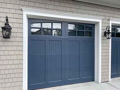 Garage Door Colors With White House, Unique Garage Doors, Garage Door Colors, White Garage, Garage Door Paint, Window Shutters Exterior, Custom Garage Doors, Houston Houses, Garage Door Styles