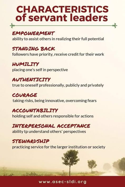 Servant Leadership Scale eight dimensions of servant leadership: Empowerment, Standing Back, Humility, Authenticity, Courage, Accountability, Interpersonal Acceptance, Stewardship  A servant leader is a servant first, ensuring other people’s needs are being met & their choices will benefit the least privileged in society.  #servantleader #leadership #service #courage #empowerment #standingback #humility #authenticity #accountability #stewardship #acceptance Servant Leadership Quotes, Leadership Quotes Work, Marley Quotes, Authentic Leadership, Good Leadership Skills, Building Quotes, Leadership Quotes Inspirational, Servant Leader, Leadership Inspiration