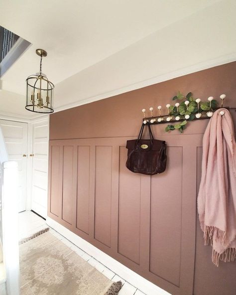 Hallway Panneling Colour Ideas, Pink Walls Hallway, Pink Hallway Panelling, Wall Panelling Utility Room, Coloured Panelling Bedroom, Pink Entrance Hall, Sulking Room Pink Panelling, Panel Hallway Ideas, Sulking Room Pink Hallway