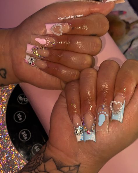 Gender reveal freestyle👶🏻🩵💕 . . . Dm to book!💖 @nailed.byjennie #longnails #genderrevealnails #babyshowernails #blingnails #frenchnails #nailart #nailsofinstagram #viralnails #viralpost #nailsofinstagram #fresnonails #fresnonailtech #explorepage Gender Reveal Ideas Nails, Quick Gender Reveal Ideas, Gender Reveal Nails Ideas, Reveal Nails, Gender Reveal Nails, Baby Shower Nails, Space Jams, Future Nails, Gender Reveal Ideas