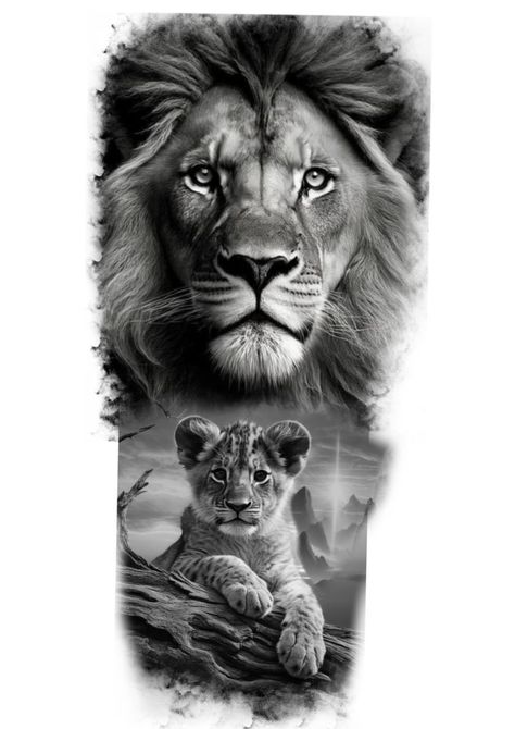 Lion And Cub Tattoo, Evolutionary Art, Lion Art Tattoo, Cubs Tattoo, Square House, Animal Sleeve Tattoo, Lion Sketch, Lioness Tattoo, Cherub Tattoo