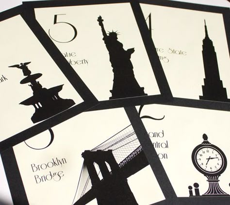 NYC Table Number New York City Wedding by ShannaMicheleDesigns City Wedding Decor, New York Theme Party, Nyc Landmarks, New York Theme, City Silhouette, Event Sign, Reception Signs, Nyc Wedding, Table Plans