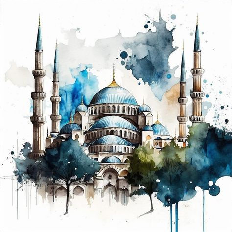 Islamic Drawing, Mosque Drawing, Blue Watercolor Wallpaper, Blue Mosque Istanbul, Drawing Scenery, Mosque Design, Mosque Art, Building Painting, Scenery Paintings