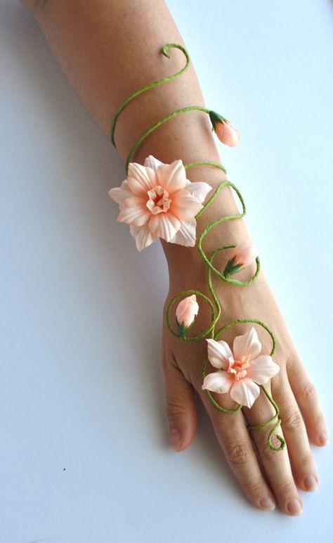 Any colour flower and vine fairy arm cuff, slave bracelet wedding accessories bride, bridesmaids, flower girls whimsical woodland style Fairy Arm Cuff, Flower Arm Cuff, Fairy Costume For Girl, Corsage Prom, Fairy Wedding, Woodland Fairy, Fairy Parties, Peach Flowers, Bride Accessories