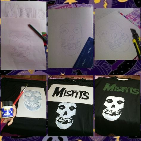 How to make a MISFITS T-shirt! First, draw a crimson ghost and the logo of the band. Than draw it again on a cardboard. You can use an insigo paper or draw it just omn the cardboard. Maybe it is easyer for you. Than cut it of with a scalper and use tape and put it on the tshirt. Than paint it with Textil Fabric Paint. And its finished. :D Diy Band Shirt Ideas, Diy Band Merch, Diy Band Tee, Band Tees Diy, Diy Band Shirt, Clothing Diys, Crimson Ghost, Misfits Shirt, Grunge Tshirt