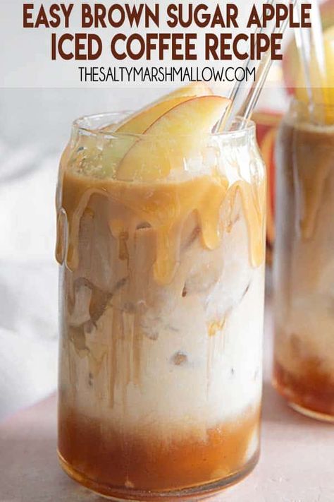 Brown Sugar Apple Iced Coffee is so easy to make at home and to customize to your own taste!  This coffee only needs a simple to make syrup and whichever coffee you love best! Caramel Apple Iced Coffee, Apple Coffee Drinks, Apple Iced Coffee, Make Syrup, Fall Iced Coffee, Marshmallow Recipes, The Salty Marshmallow, Salty Marshmallow, Apple Brown Sugar