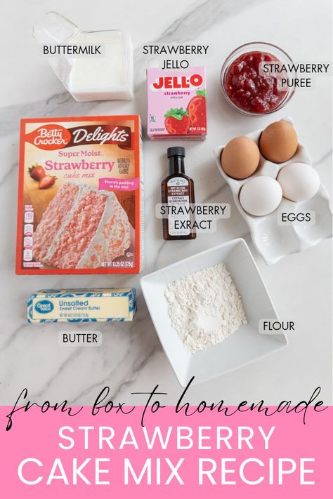 doctored strawberry cake mix Make Box Cake Taste Homemade, Strawberry Dessert Bars, Strawberry Cake Mix Recipes, Frozen Strawberry Desserts, Doctored Cake Mix Recipes, Strawberry Cupcake Recipes, Easy Strawberry Desserts, Cake Mix Recipe, Box Cake Recipes