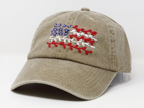 Hand Embroidered Baseball Cap Unique USA American Flag Hat - Etsy Hand Embroidered Flower, American Flag Hat, Wash Baseball Cap, Flag Hat, Flag Embroidery, Hand Embroidery Projects, Hat Embroidery, Embroidered Baseball Caps, Embroidered Caps