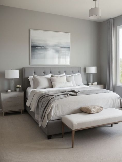 Create a sophisticated look by incorporating a large gray wall art piece as the focal point of your bedroom. Complement it with minimalist furniture and soft pastel accents for a modern and serene atmosphere. Light Gray Room Aesthetic, Master Bedrooms Decor Grey, Bedroom Ideas Gray And White, Interior Design Bedroom Cozy, Gray White Bedroom, Bedroom Gray Walls, Bedroom Decor Gray, Gray Bedroom Decor, Light Gray Bedroom