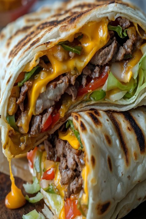 Grilled Cheeseburger Wraps Cheeseburger Wrap, Cheeseburger Wraps, Chicken And Beef, Grease 2, Doner Kebab, Soul Food Dinner, Favorite Recipes Dinner, Food Babe, Shredded Lettuce