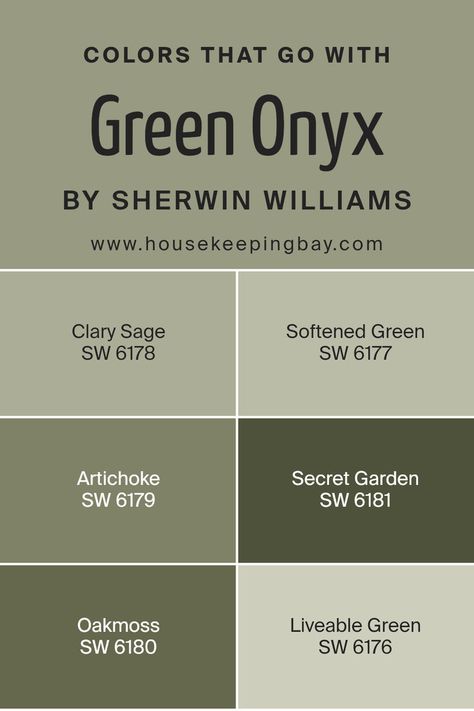 Colors that Go With Green Onyx SW 9128 by Sherwin Williams Sherwin Williams Secret Garden, Sw Green Paint, Liveable Green, Sw Green Paint Colors, Softened Green, Sherwin Williams Coordinating Colors, Green Play, Trim Colors, Green Paint Colors