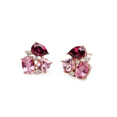 These earrings are beyond beautiful! Three faceted stones in shades of pink are accentuated by white diamonds set in 14k rose gold that sparkly beautifully. One antique square passion pink topaz, one pear-shaped rhodolite garnet and one oval pink tourmaline come together to make one exquisite pair of studs. These are s Candy Earrings, Pink Garnet, Fancy Jewelry Necklace, Teal Earrings, School Jewelry, Tourmaline Earrings, Tourmaline Jewelry, Pink Topaz, Rhodolite Garnet