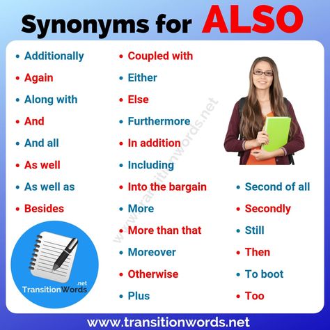 Another Word for ALSO: List of 25+ Synonyms for Also in English Synonyms For Excited, Ielts Notes, Another Word For Also, List Of Transition Words, English Transition Words, Academic Vocabulary, Other Ways To Say, Transition Words, Nursing School Notes