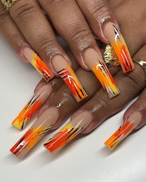 191 Likes, 0 Comments - Clawz The Nail Tech (@clawzdoneright) on Instagram: “Old School vibes 🧡💛 I’m honestly in love with these ! • • • #nails #nailtech #acrylicnails…” Old School Nail Designs, Old School Nails, Old Nail Designs, Old School Vibes, Orange Acrylic Nails, Curved Nails, Fancy Nails Designs, School Vibes, Dope Nail Designs