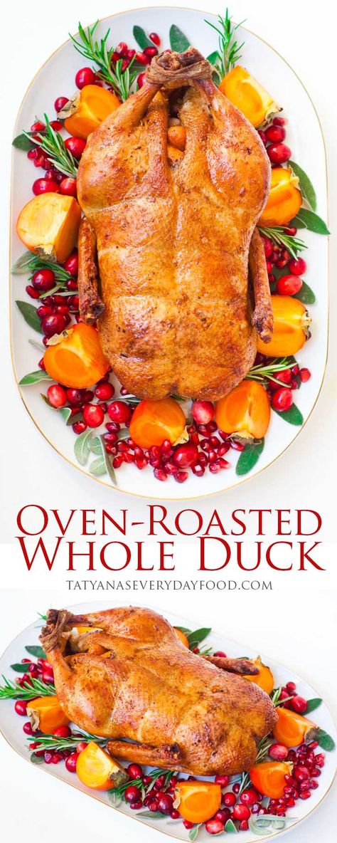 Whole Duck Recipes, Thanksgiving Side Dishes Crockpot, Roasted Duck Recipes, Soy Glaze, Oven Roasted Sweet Potatoes, Pomegranate Sauce, Roasted Duck, Christmas Meals, Whole Turkey