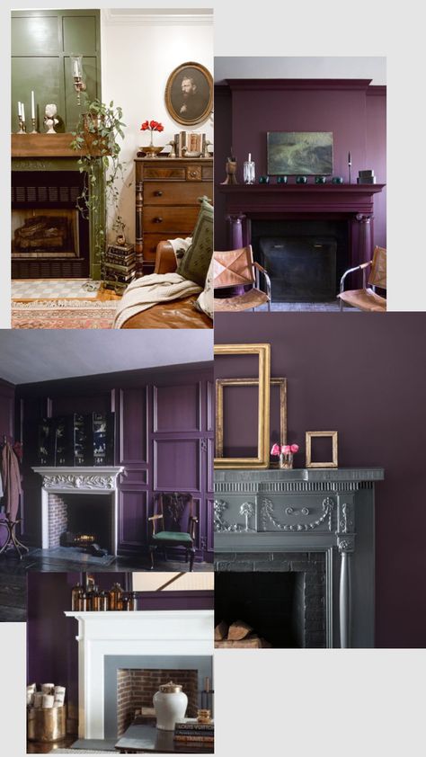 Moody fireplace ideas. #Darkacademia #purple Purple Fireplace, Moody Fireplace, Cottage Aesthetic, Cottagecore Decor, Fireplace Ideas, Create Collage, Dark Academia, Creative Play, Color Schemes