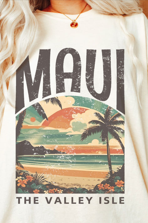 This retro Maui Island Hawaii tshirt from Etsy features a vibrant beach-themed design that captures the essence of island life. The tee showcases a vintage-inspired graphic with tropical elements, evoking memories of sun-soaked beaches and serene ocean views. #mauitrip #mauihawaii #mauibeach #mauishirt Maui Shirt, Hawaii Tshirt, Maui Island, Tropical Elements, Tshirt Graphics, Maui Beach, Maui Travel, Beach Destinations, Beach Tee