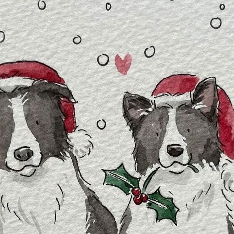 Danielle Hooi on Instagram: "Festive collies 😍 I put a poll out on what festive dogs I should draw and border collies were the most popular - such cuties to draw 🎄❤️ • • • #collies #colliesofinstagram #festivedog #christmasillustration #christmasart #christmasdog #paintingvideo #wipart #wipartwork #drawingvideo #christmasillustration #countrylife #countrylifemagazine #countrysideblogger #countryliving #holidaydrawing #winterdrawing #countdowntochristmas #englishcountryside #christmasmemories" Dog Christmas Card Drawing, Cute Border Collie Drawing, Cute Watercolour Christmas Cards, How To Draw A Border Collie, Christmas Dog Watercolor, Christmas Dog Drawing, Christmas Cat Drawing, Festive Watercolour, Border Collie Drawing